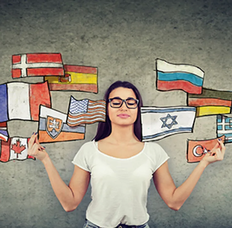 a woman surrounded by images of national flags